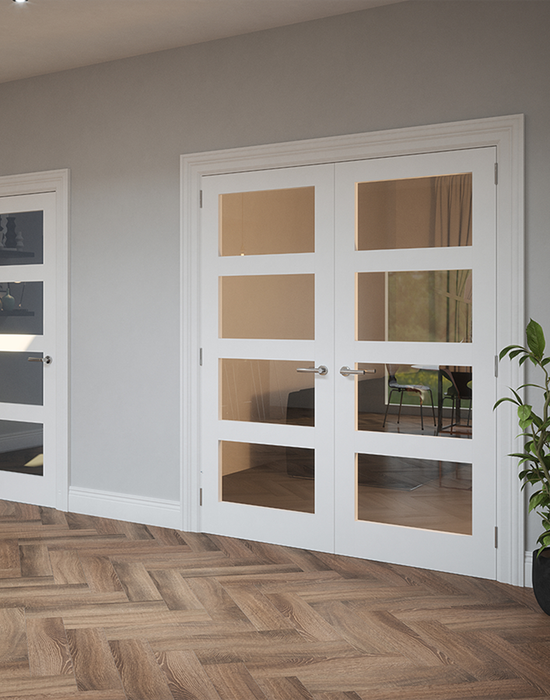 kirkland primed shaker 4 panel clearglass door in living room