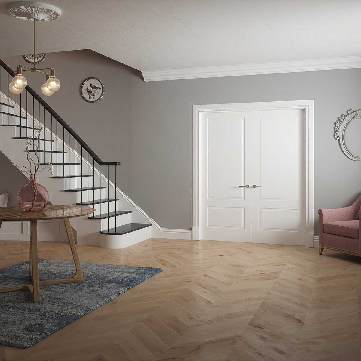 dover 2 panel white primed door in living room 1