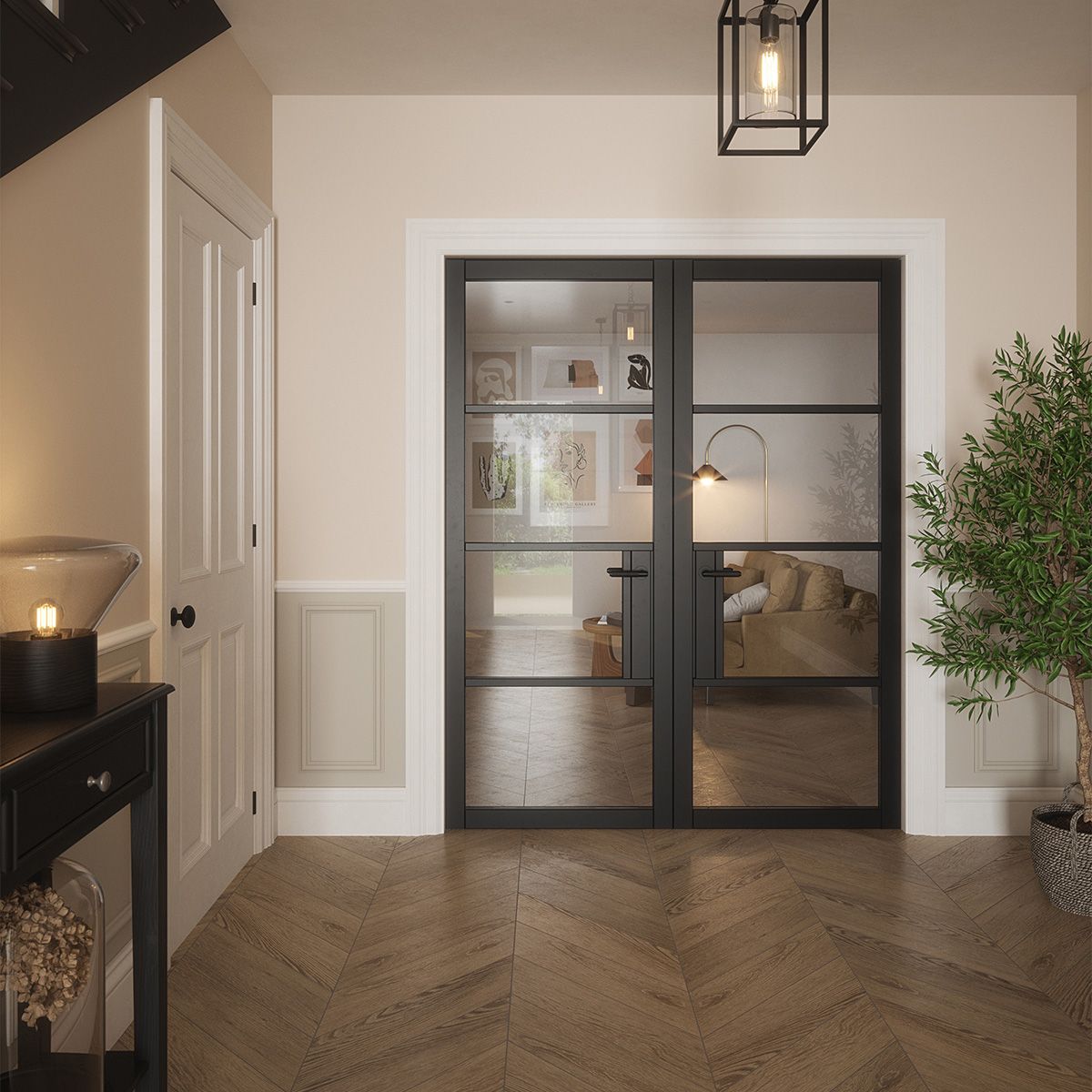 portland 4 lite clear glazed door black in hall