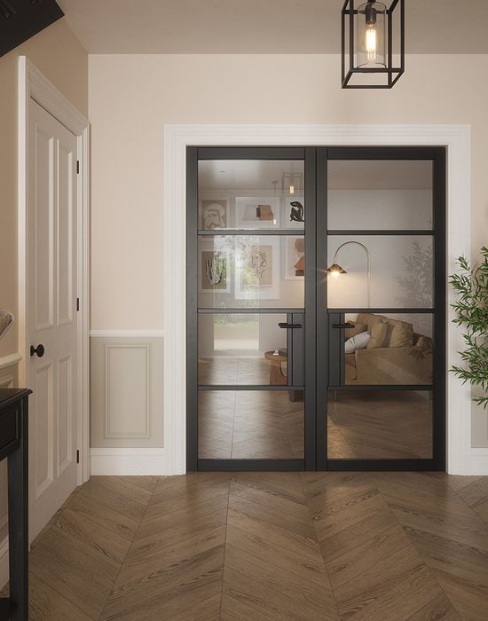 portland 4 lite clear glazed door black in hall