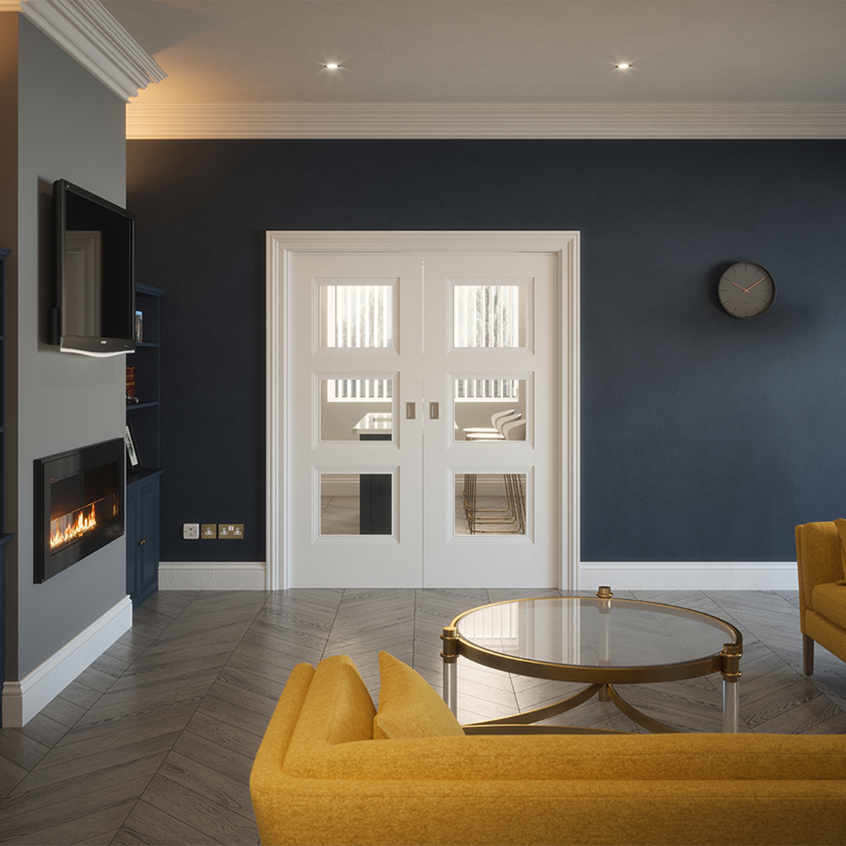 franklin white primed 3 panel clear glazed door in living room