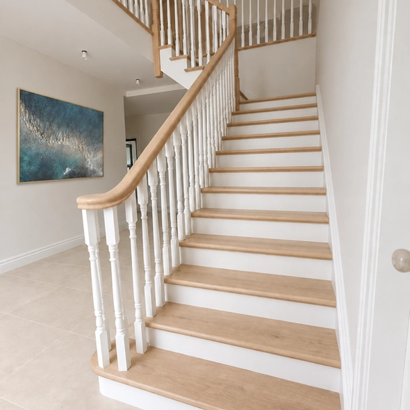 Softwood cutstring with oak treads and continuos handrail