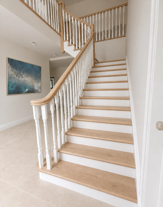 Softwood cutstring with oak treads and continuos handrail