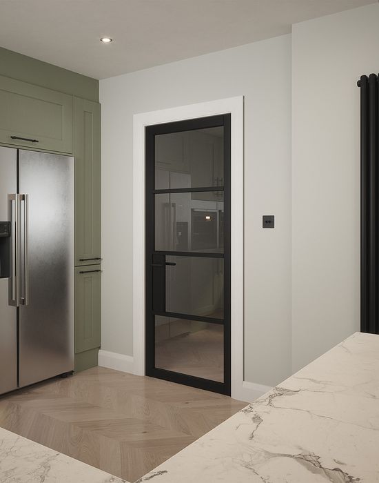 portland 4 lite clear glazed door black in kitchen