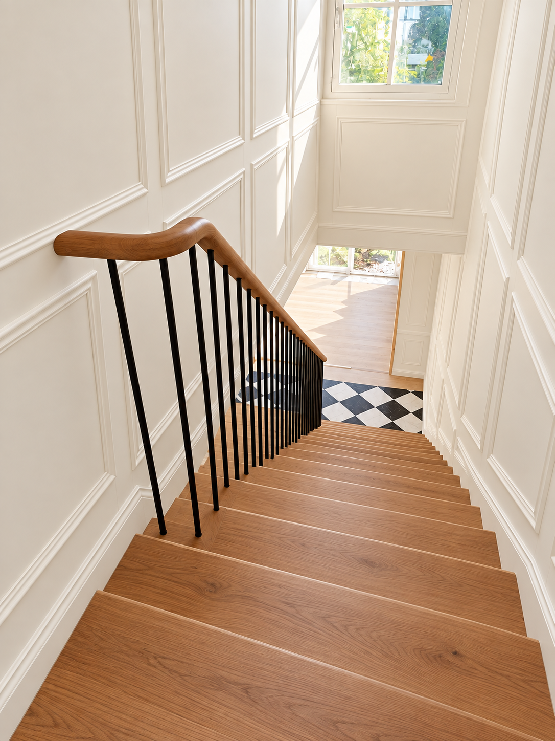 Elegant Walnut Stairwell with Marble Landing