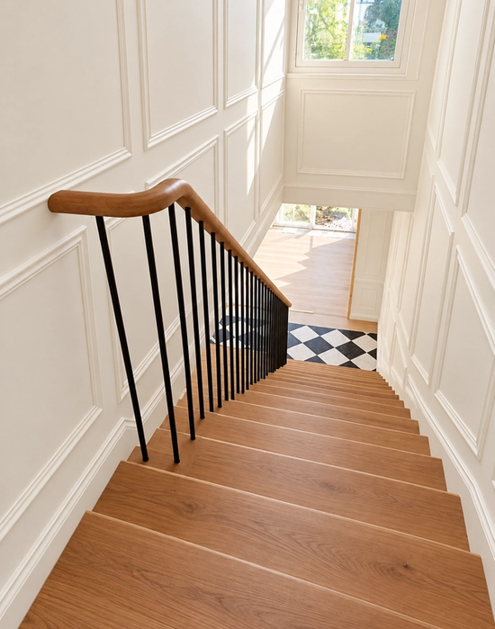 Elegant Walnut Stairwell with Marble Landing