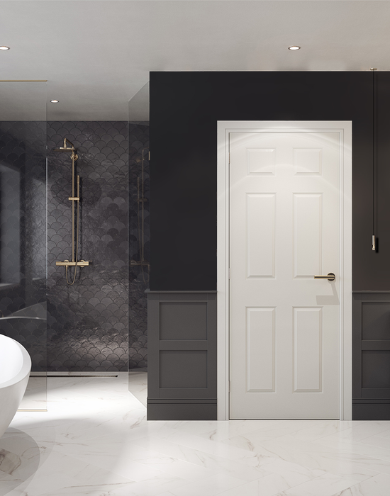 carrick 6 panel smooth fd60 fire door in bathroom