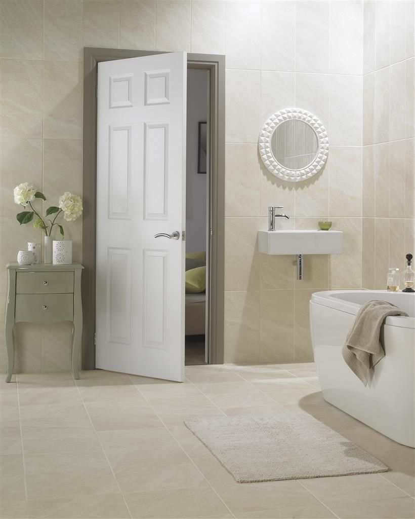 leitrim moulded 6 panel text door w label in bathroom