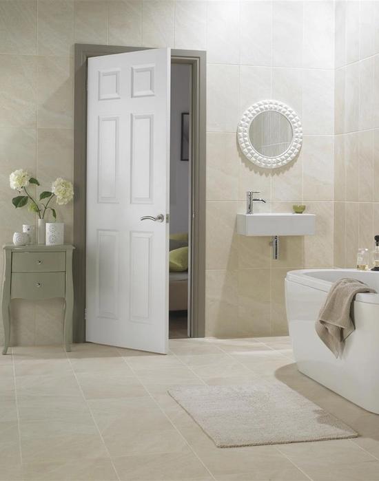 leitrim moulded 6 panel text door w label in bathroom