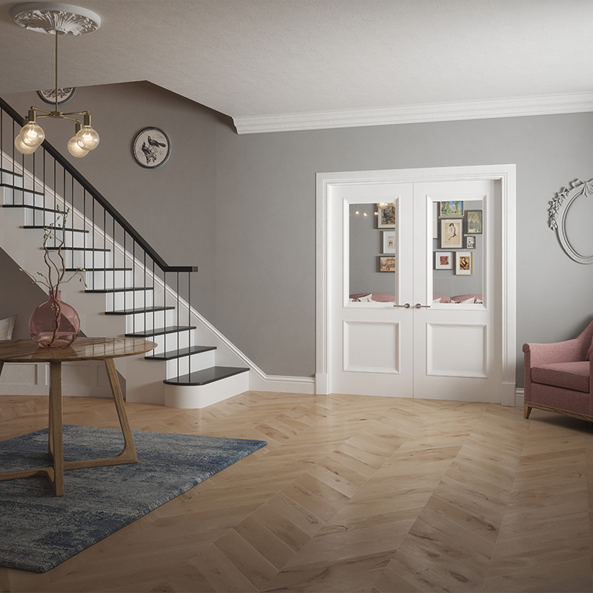 monroe primed 2 panel bolection door clear glazed in living room