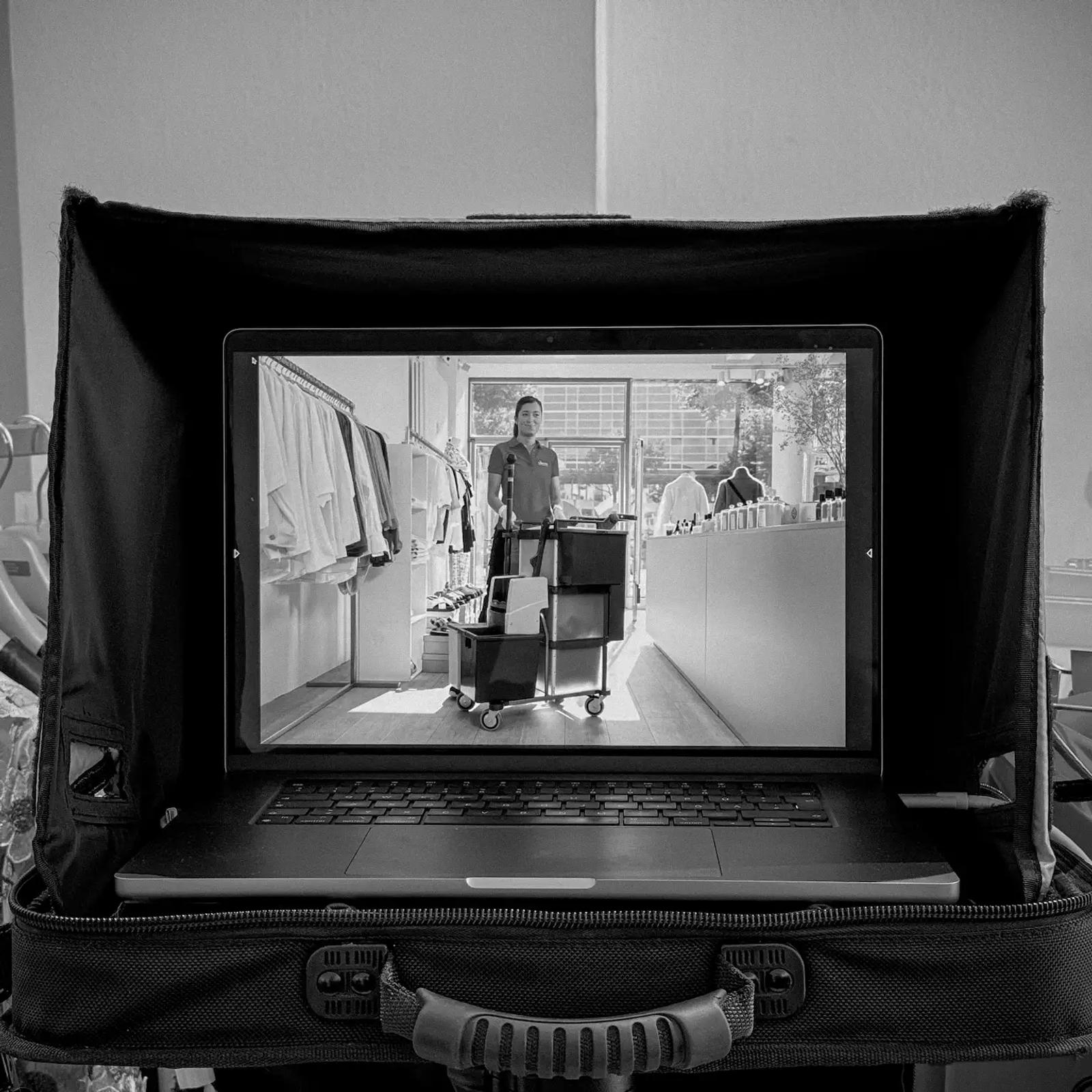 Behind the scenes: a monitor framing Shopster in a styled room during the shoot