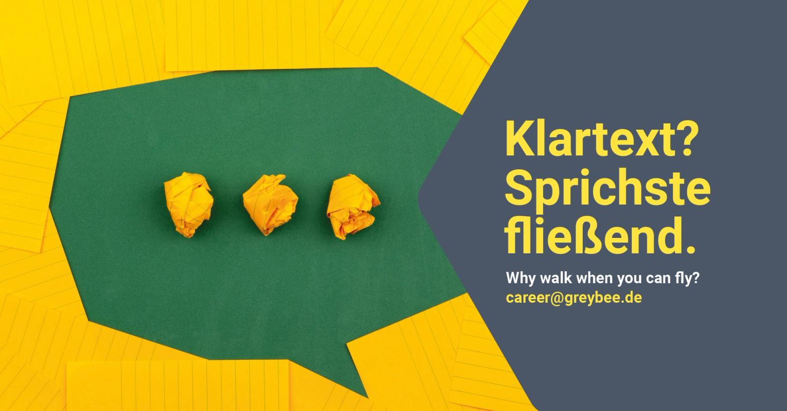 Recruiting social ad: crumpled paper on green with the line “Klartext? Sprichste fließend.”