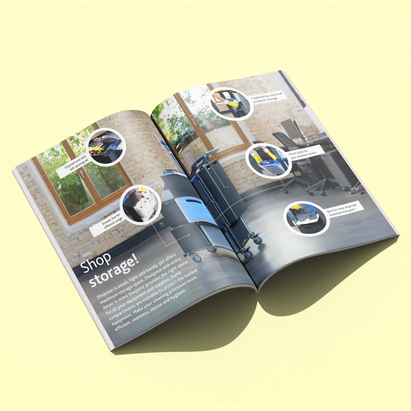 Brochure spread headlined “Shop storage!” detailing the Shopster system