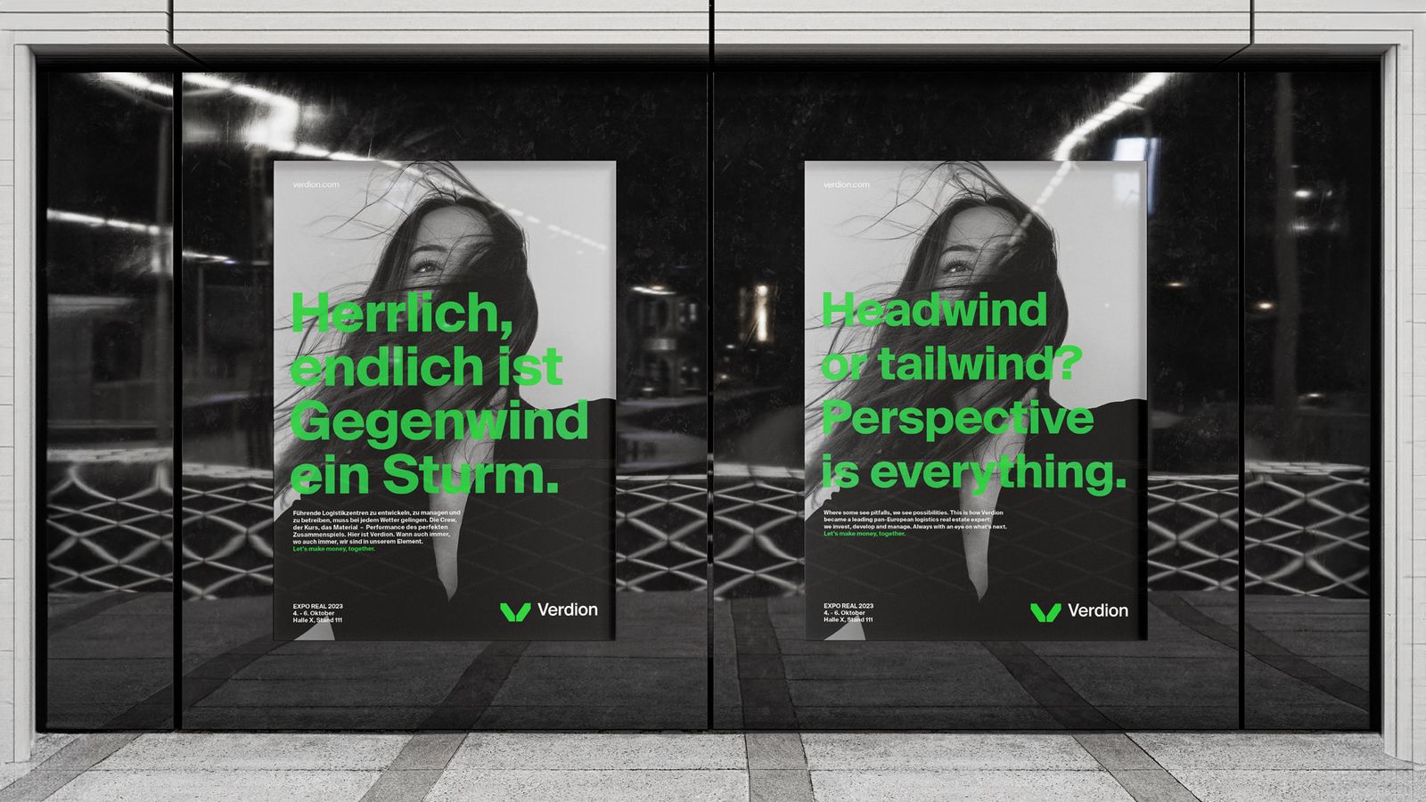 Storefront with two Verdion posters – “Herrlich, endlich ist Gegenwind ein Sturm.” and “Headwind or tailwind? Perspective is everything.”