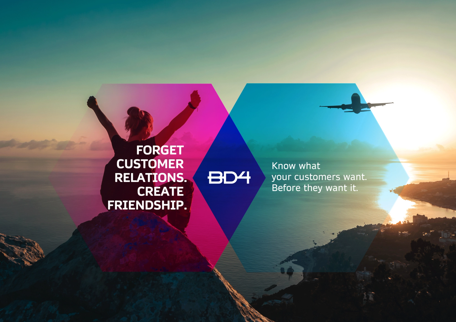 Hexagon campaign visual “Forget customer relations. Create friendship.” for airlines