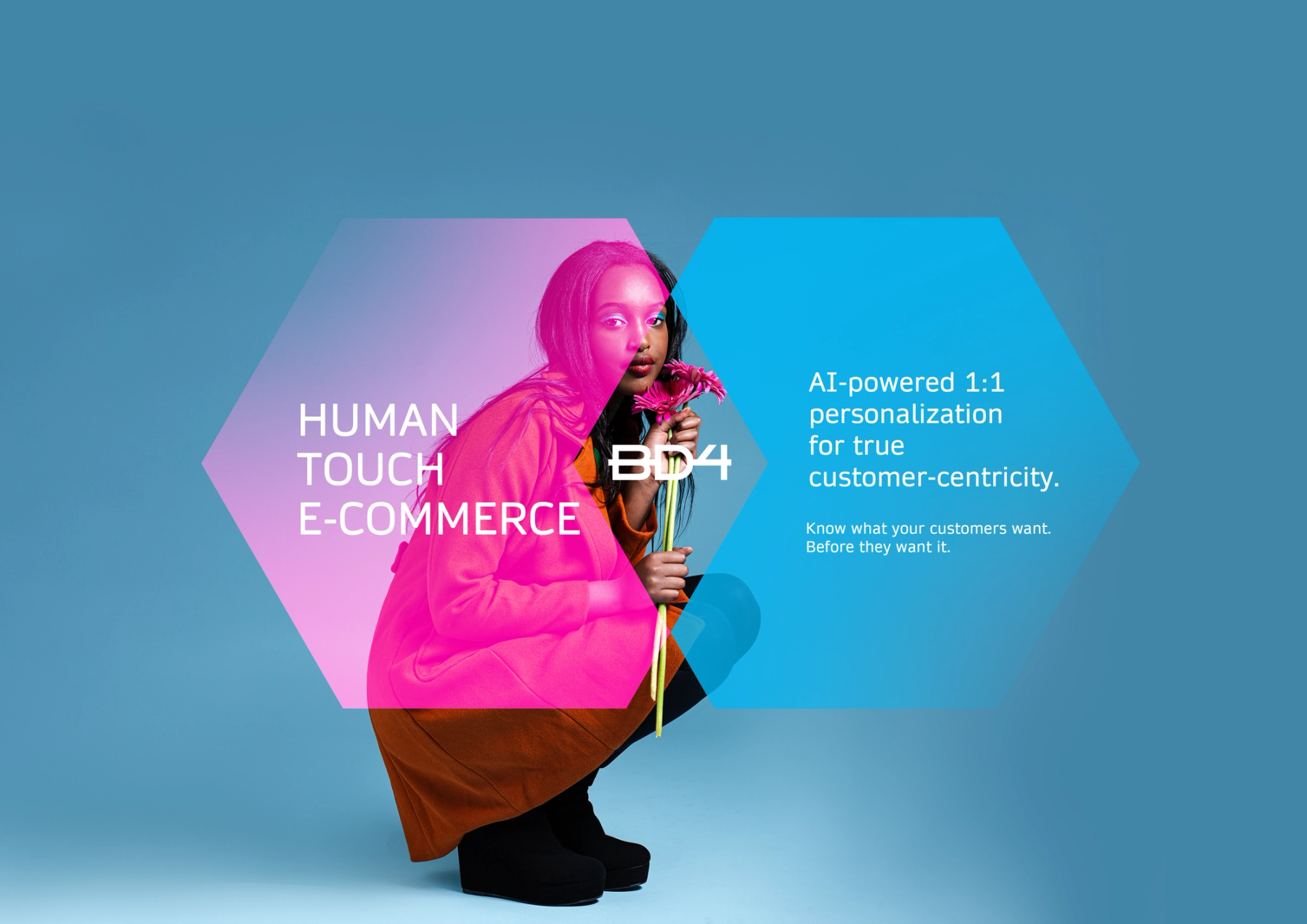 BD4 key visual with the line “Human Touch E-Commerce” and the magenta-and-cyan hexagon device