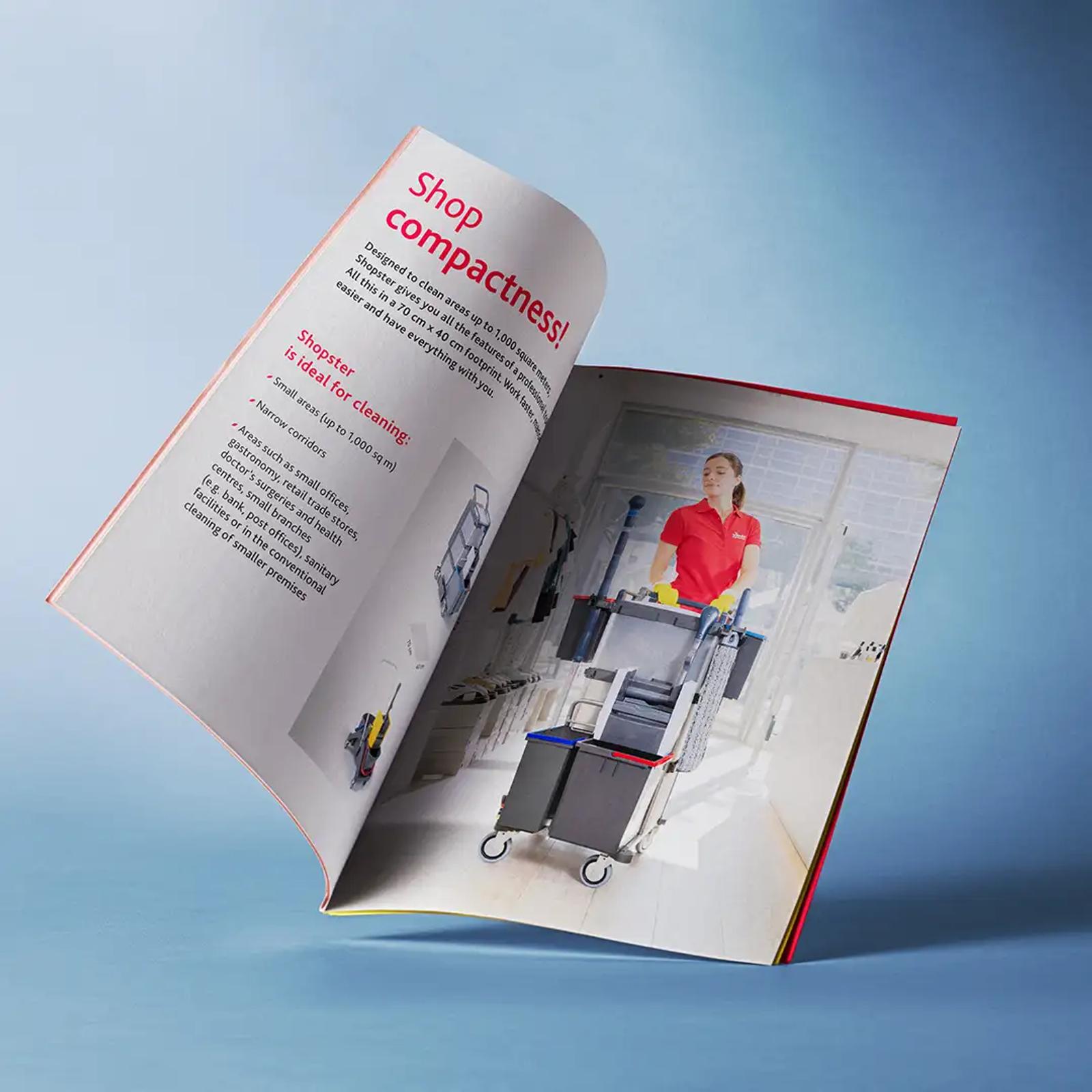 Brochure spread headlined “Shop compactness!” showing Shopster in use