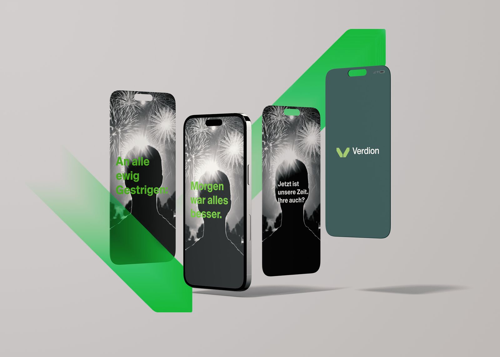 Verdion campaign shown across smartphones with the green brand accent