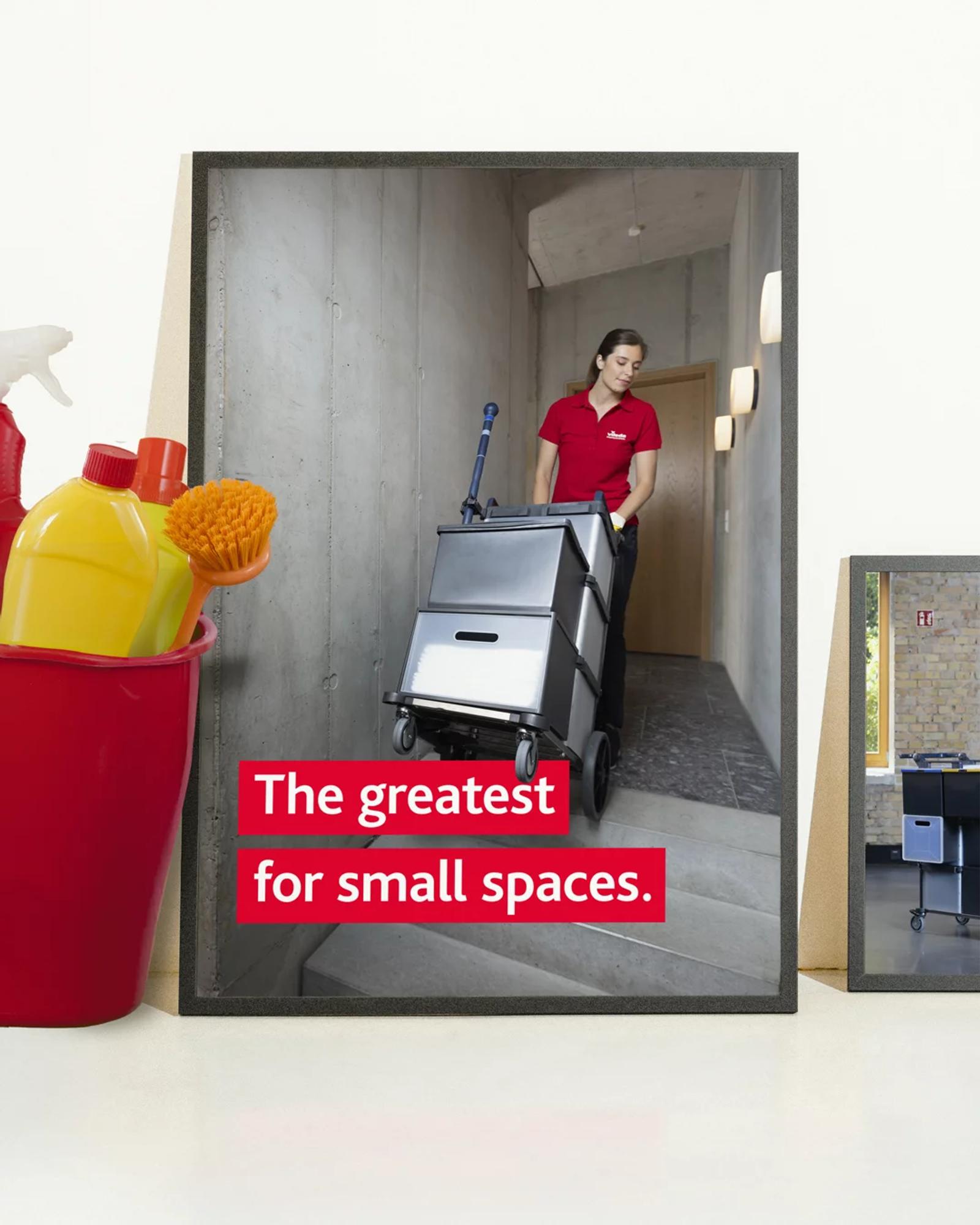 Out-of-home poster of Shopster in a hallway with the line “The greatest for small spaces.”