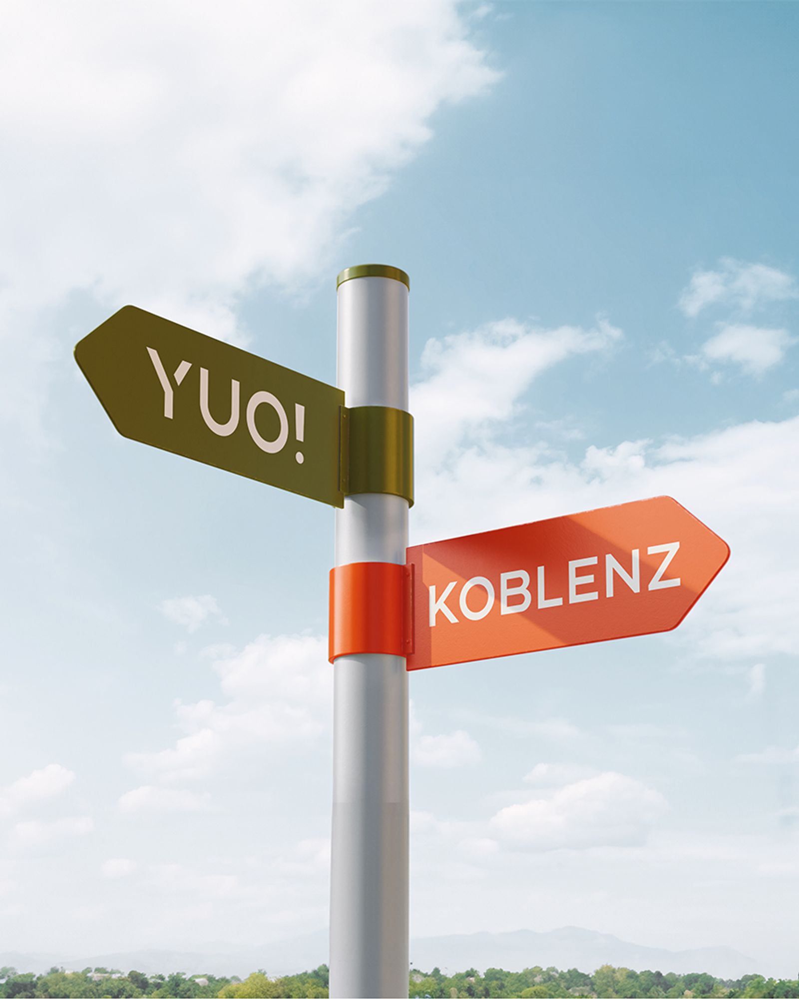 Playful wayfinding signpost pointing to “YUO!” and “Koblenz”