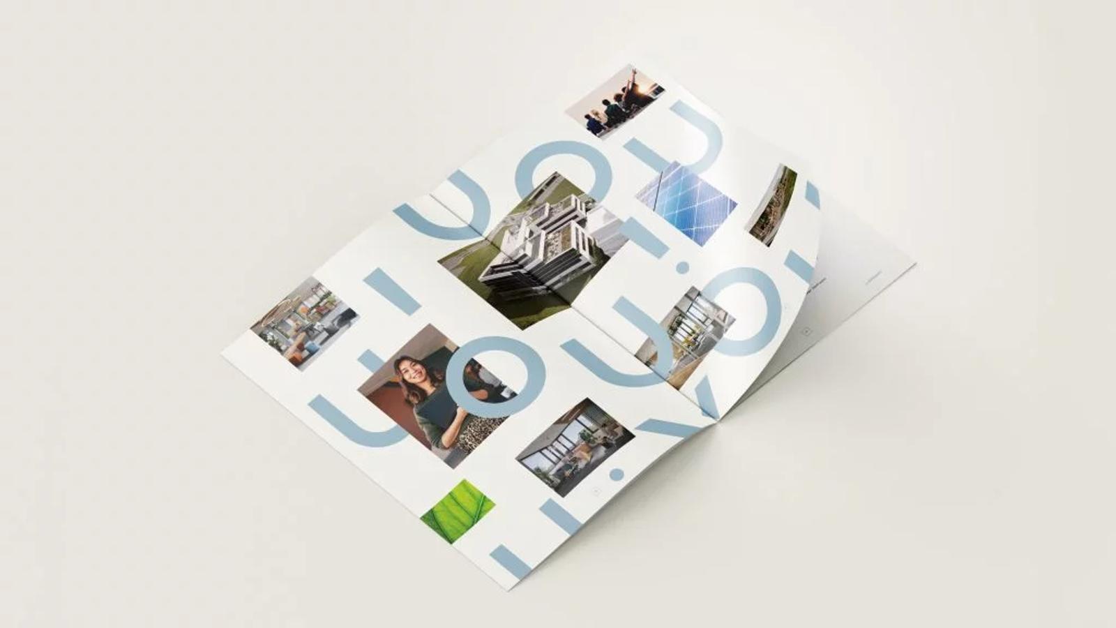 YUO brochure cover patterned with the YUO/YOU motif and interior photos