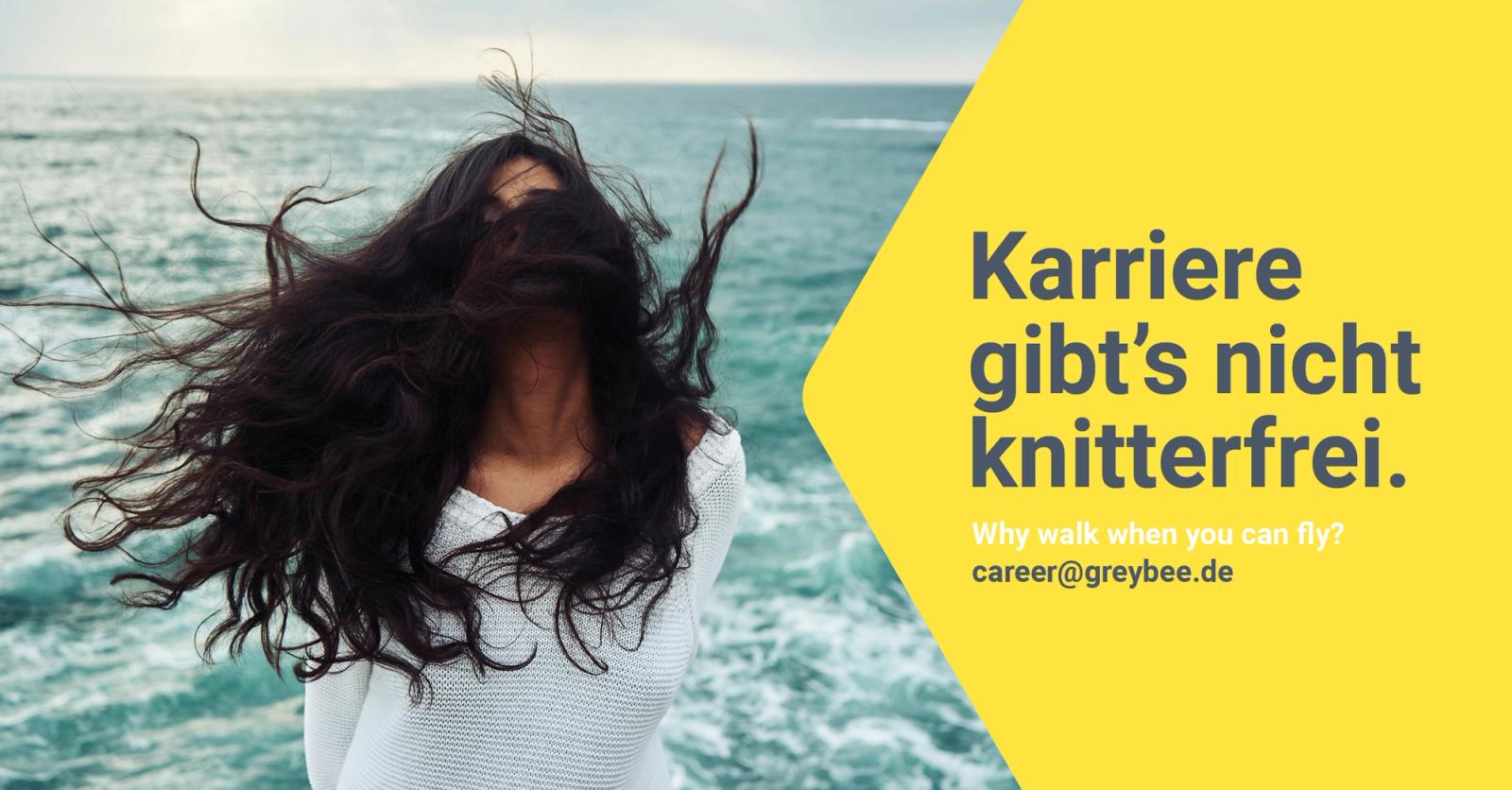 Recruiting social ad: windblown hair with the line “Karriere gibt’s nicht knitterfrei.”