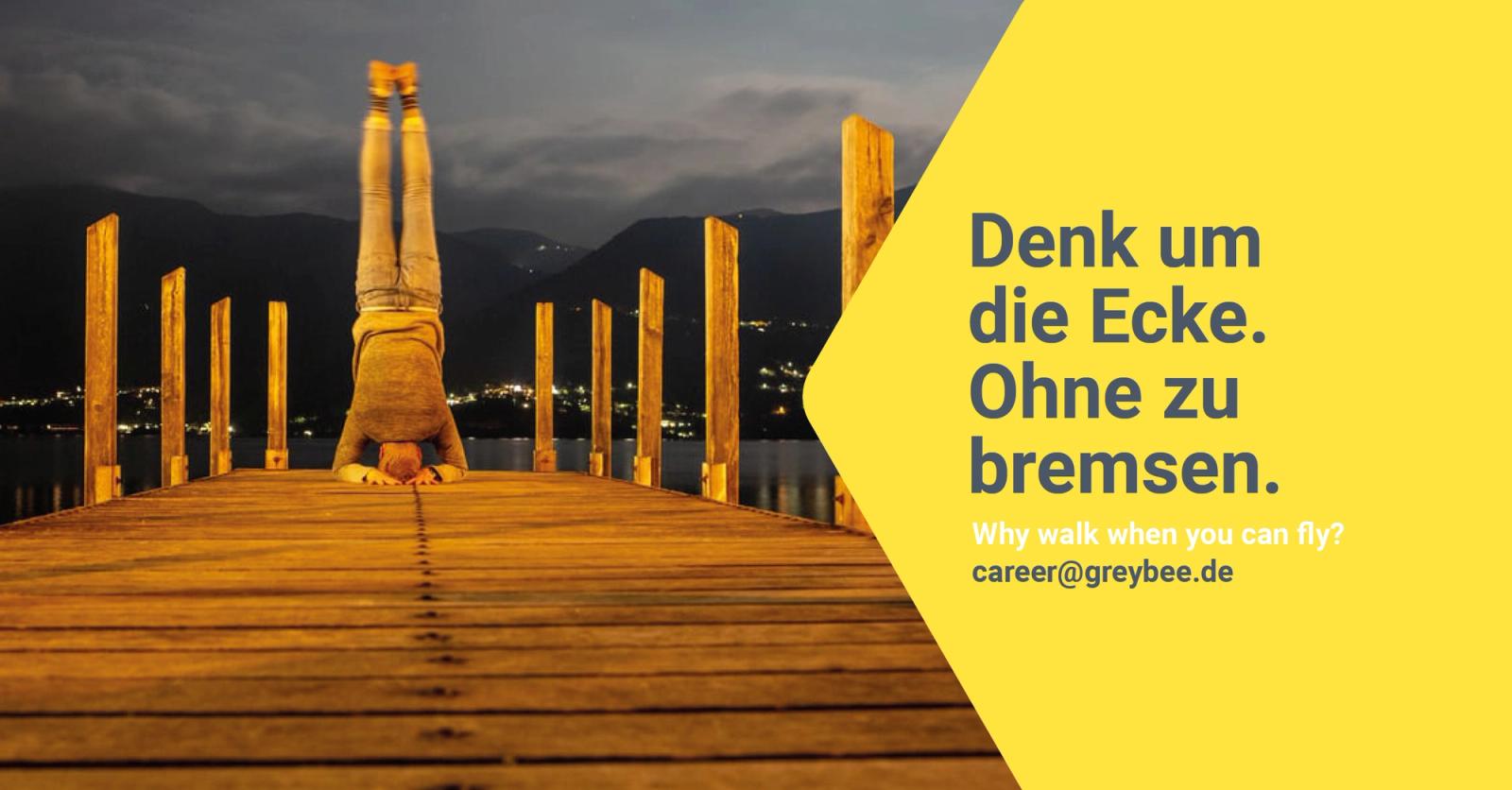 Recruiting social ad: a handstand on a jetty with the line “Denk um die Ecke. Ohne zu bremsen.”