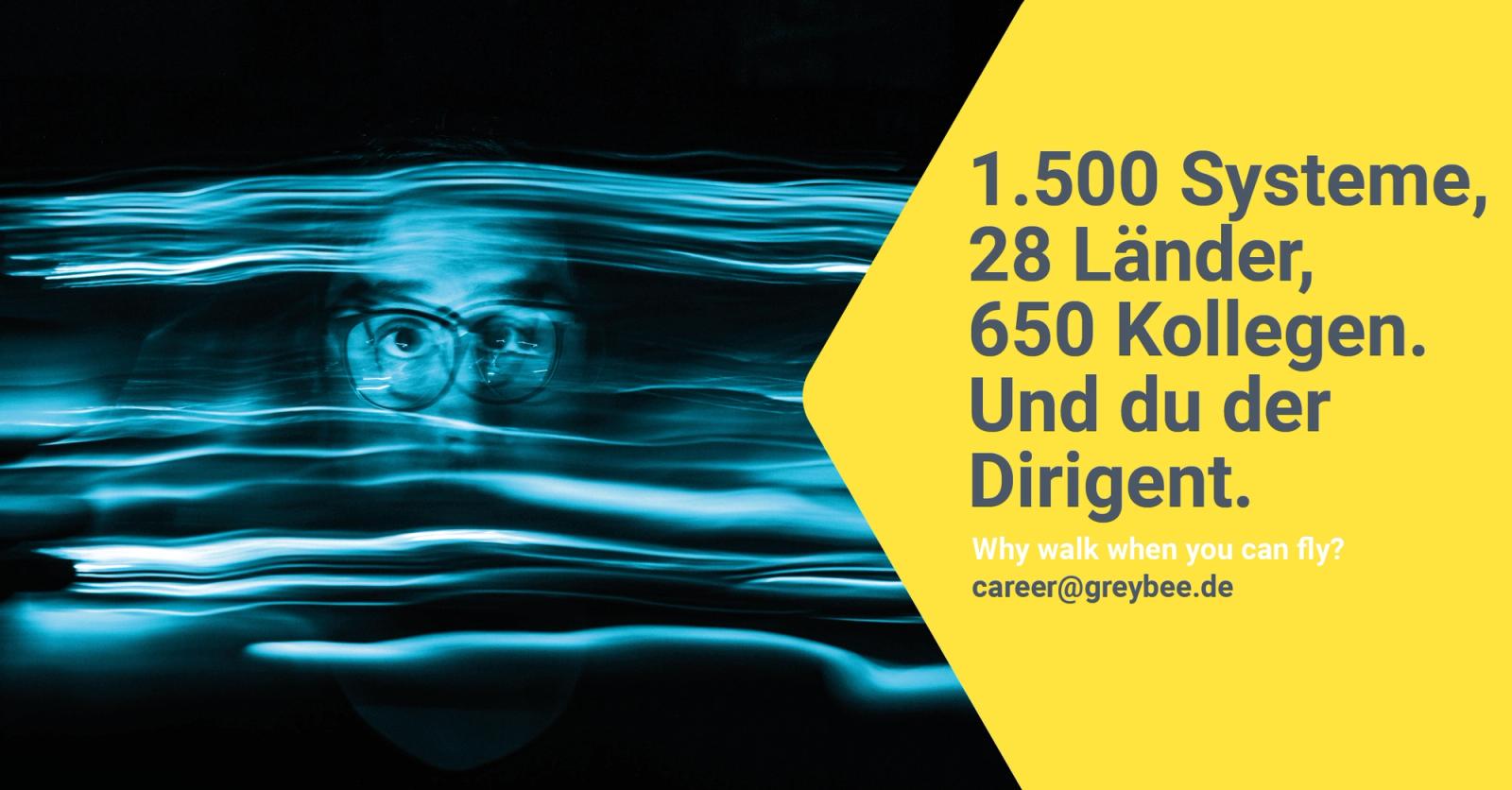 Recruiting social ad: a motion-blurred portrait with the line “1.500 Systeme, 28 Länder, 650 Kollegen. Und du der Dirigent.”