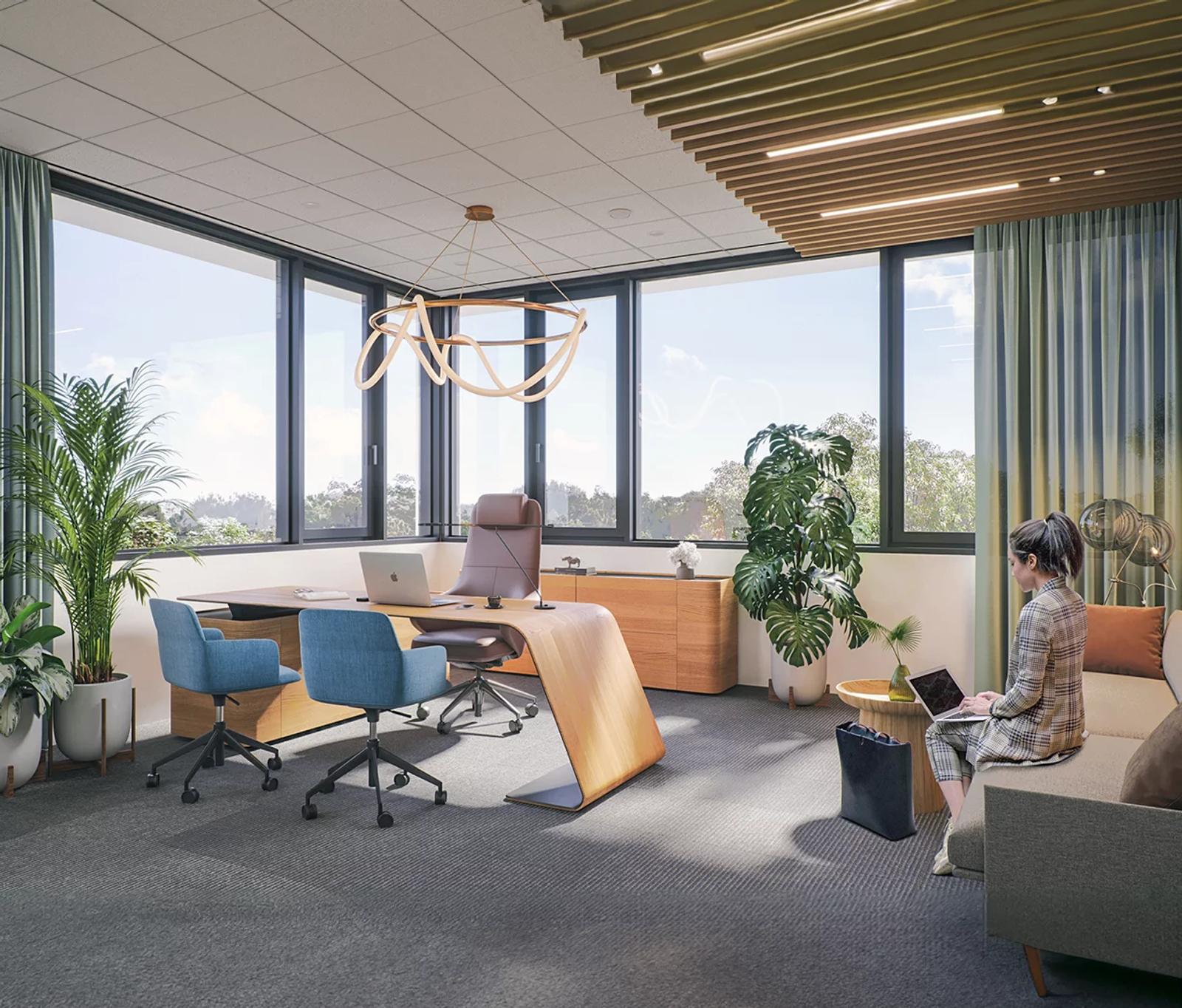 Architectural render of a corner office with panoramic windows
