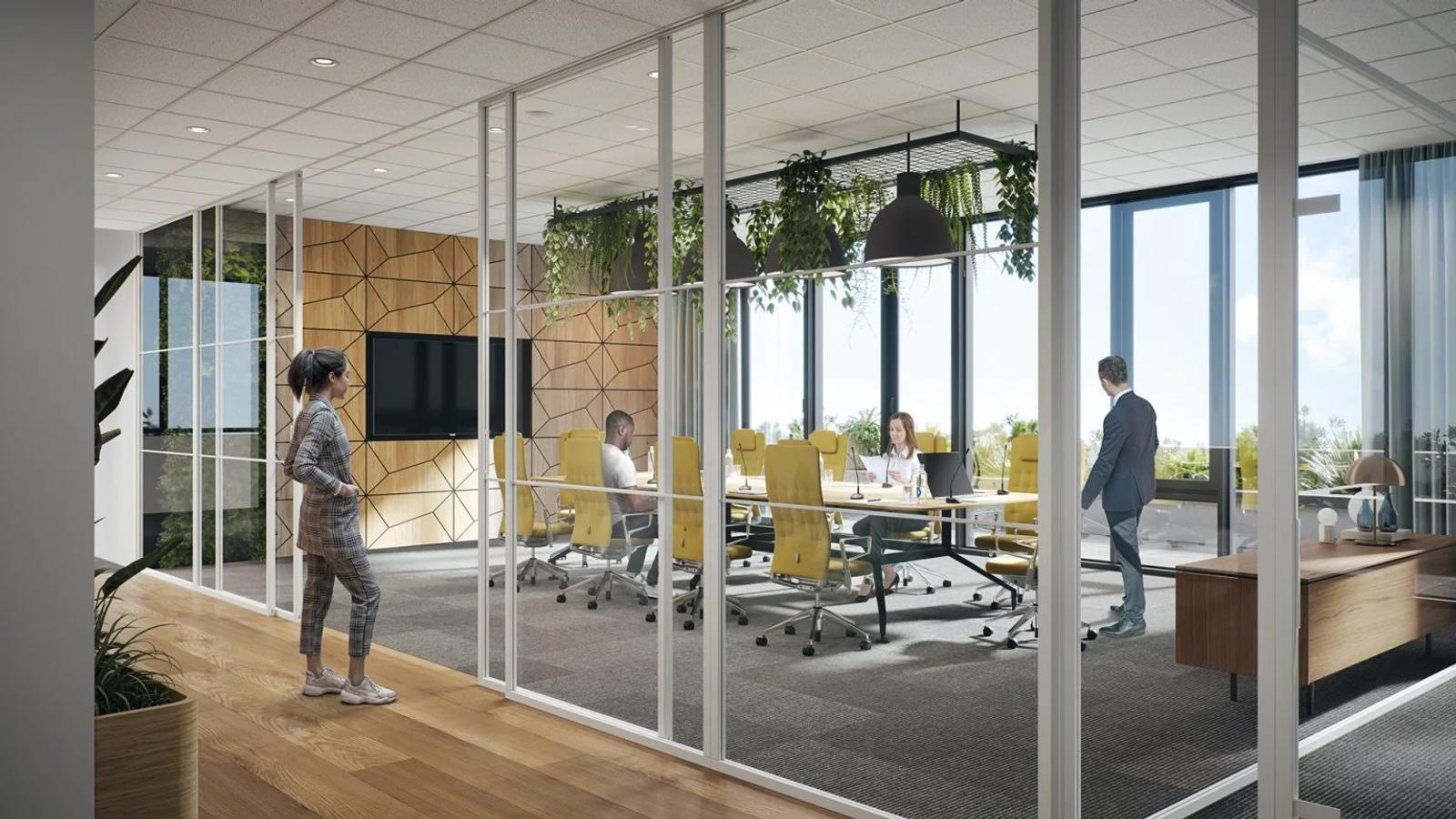 Architectural render of a flexible meeting area