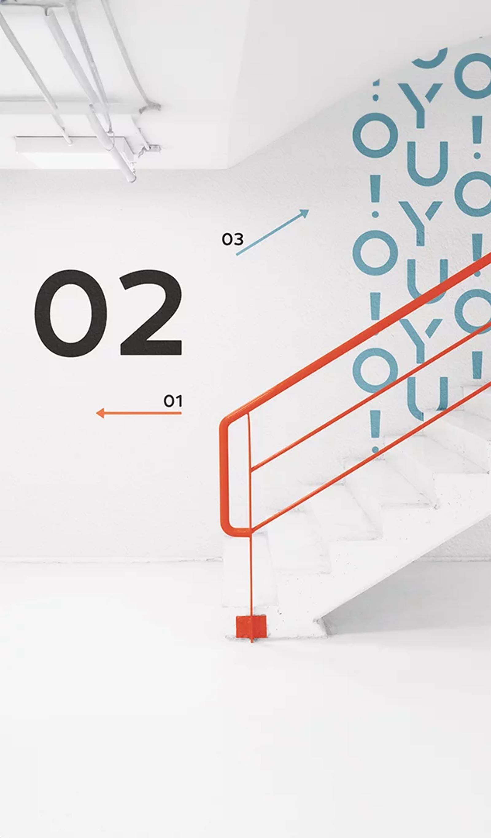 Interior stairwell with the numbered YUO/YOU signage system on the wall