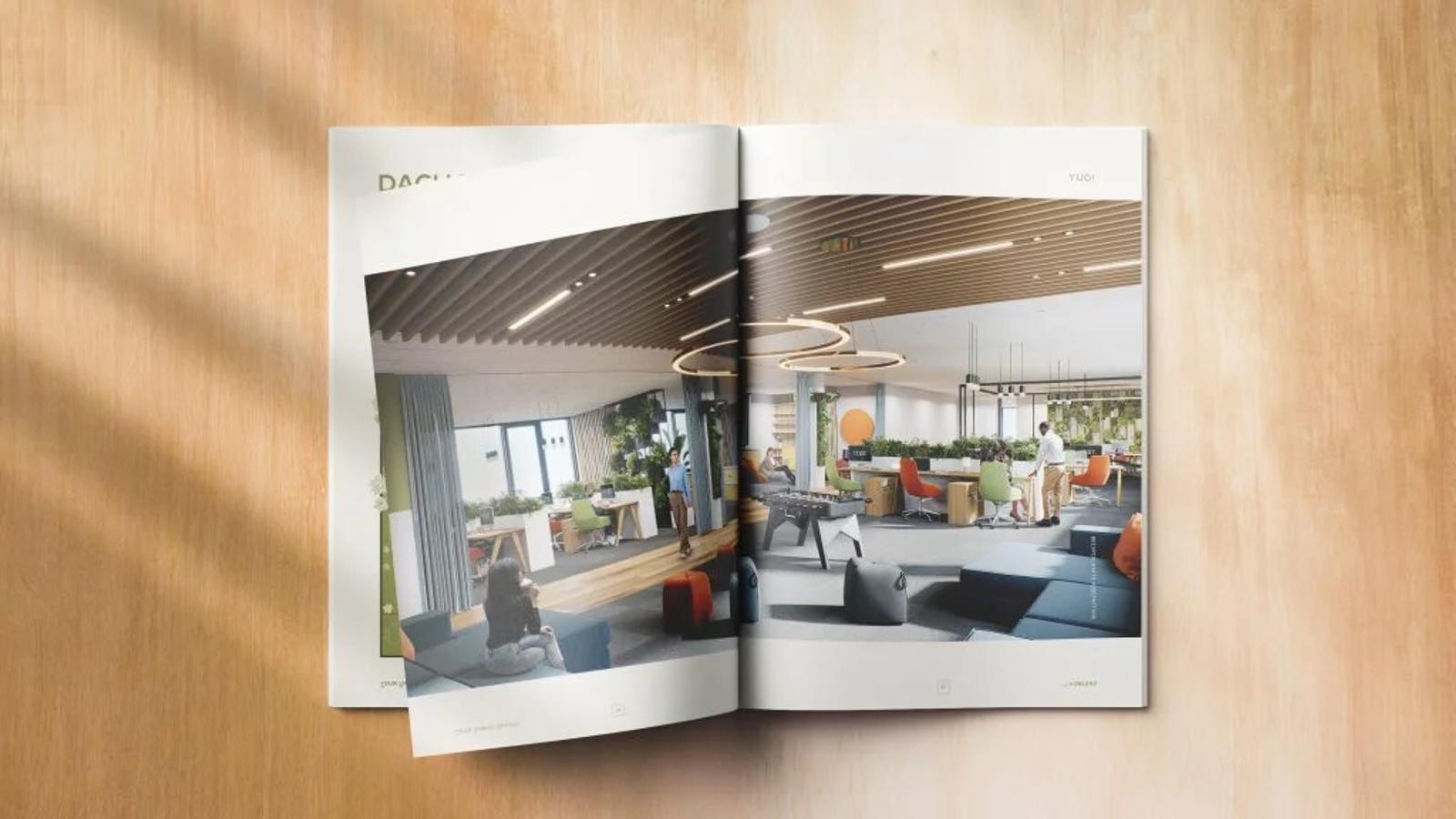 Open YUO brochure spread showing the office interior