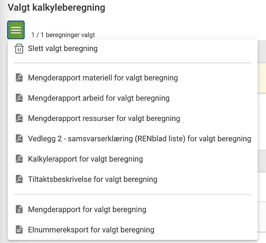 Skjermbilde fra verktøyet som viser valgt kalkyleberegning