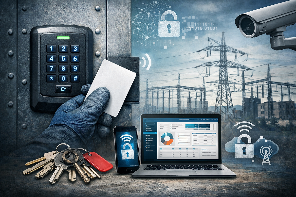 Illustrasjon av elektronisk låssystem med kortleser, kodelås og digitale løsninger for adgangskontroll i strømnett. AI-generert.