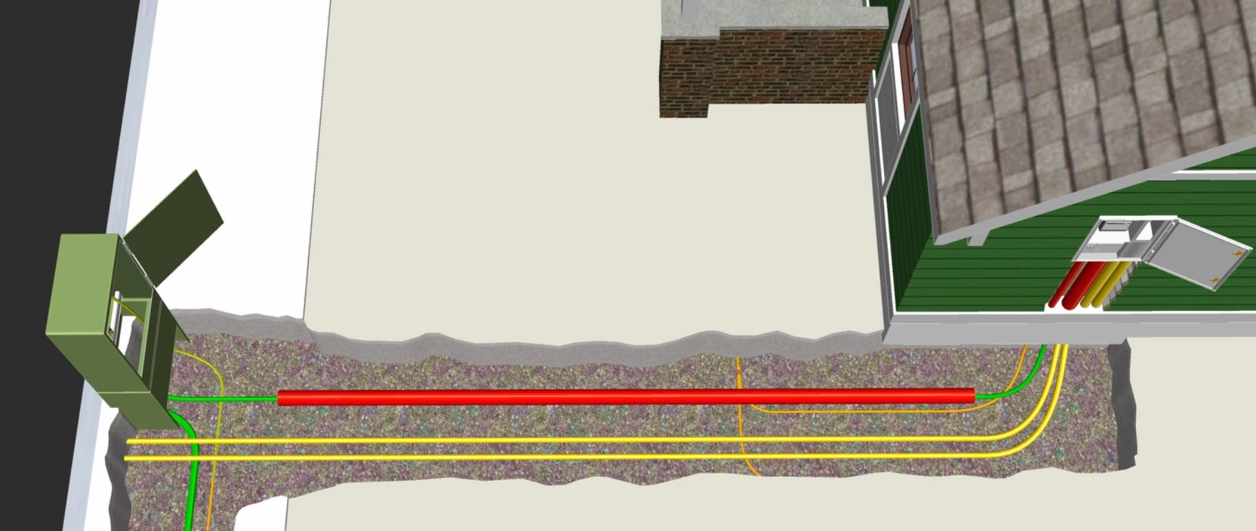 3D illustrasjon som viser stikkledning i rør i grøft som forsyner en bolig. Verktøyet Ledning hjelper bruker til å velge korrekt vern i kabelskap og riktig stikkledning med hensyn på utkoblingstid og strømføringsevne.