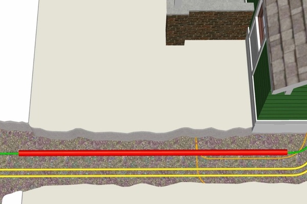 3D illustrasjon som viser stikkledning i rør i grøft som forsyner en bolig. Verktøyet Ledning hjelper bruker til å velge korrekt vern i kabelskap og riktig stikkledning med hensyn på utkoblingstid og strømføringsevne.