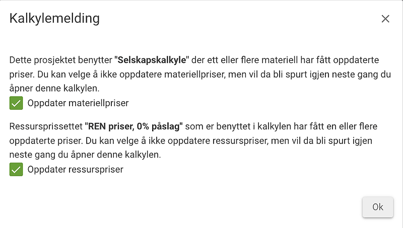 Skjermbilde som viser kalkylemelding