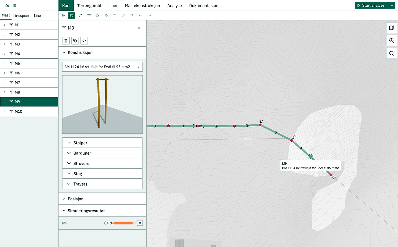 Skjermbilde fra betaversjon av nye Netlin. Bildet viser et dataprogram med visuell presentasjon av en luftlinjetrasé i kart.