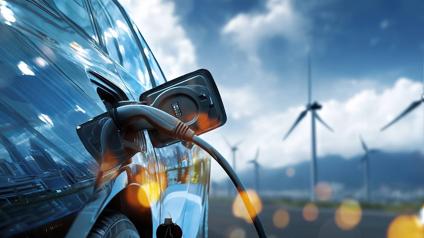 Double exposure of electric vehicle charging with wind turbine and blue sky nature electric energy background ecofriendly concept