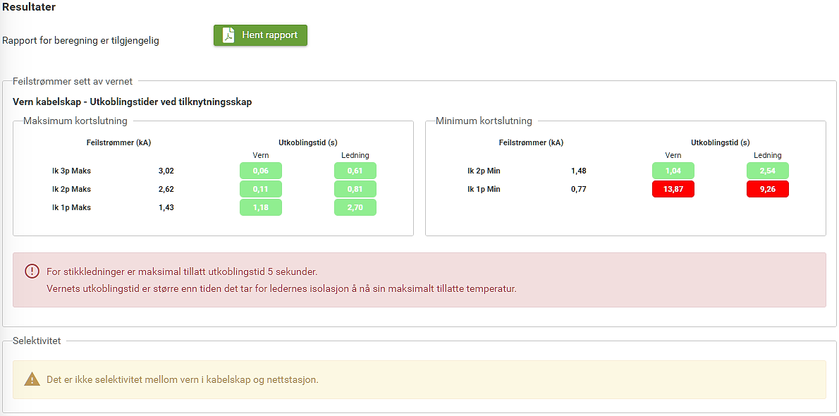 Skjermbilde av resultater fra beregning i Ledning