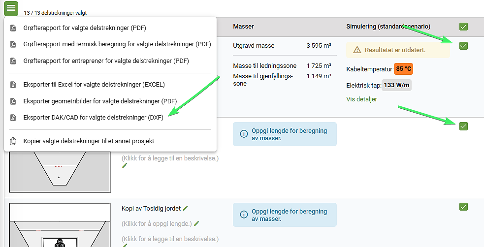 Skjermbilde som viser de ulike valgene man har i menyen