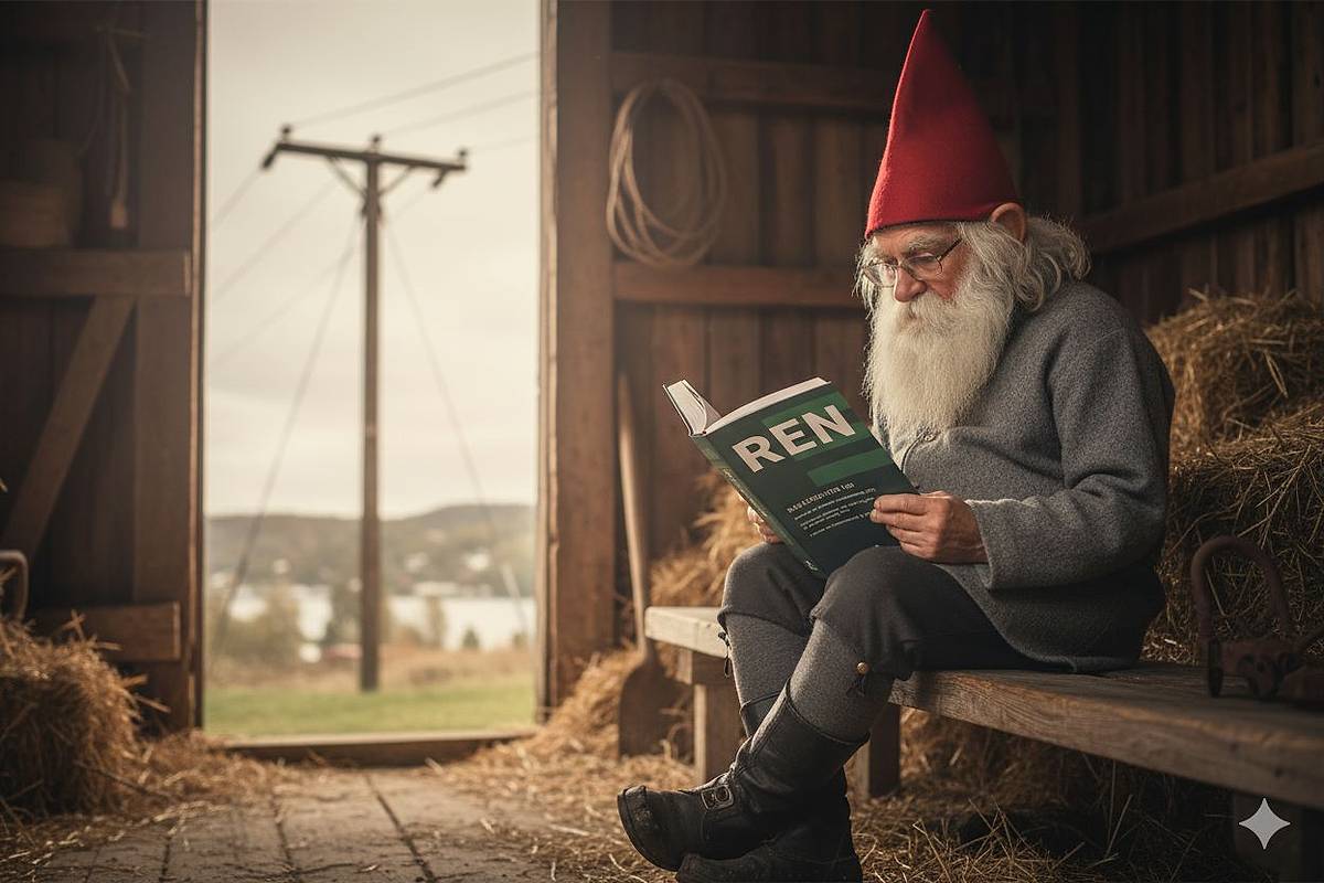 Bilde av en nisse som leser brukerguide og sitter på låven