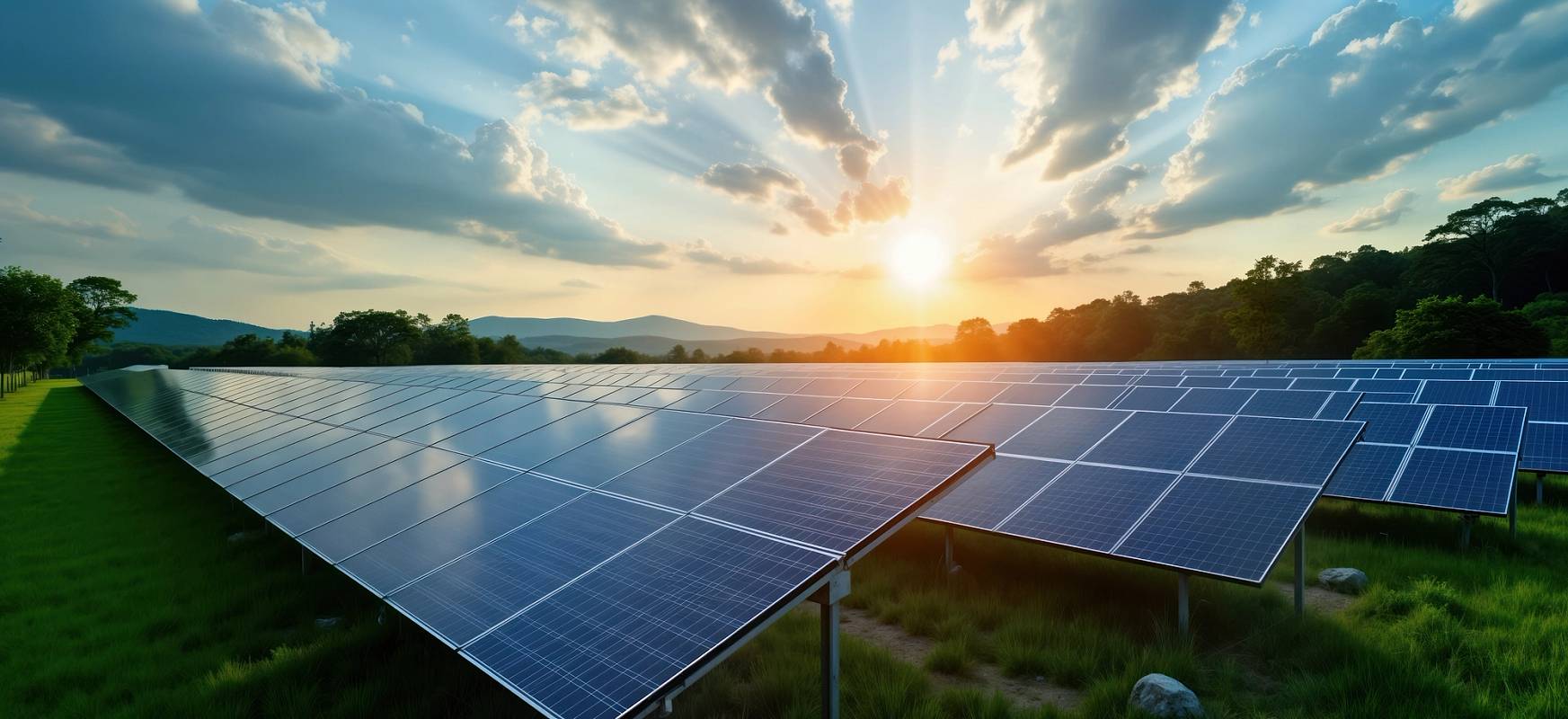 Lastet ned Solar panels installation at sunset. Photovoltaic panels arranged in large field. Nature eco friendly tech. Clean energy solution.