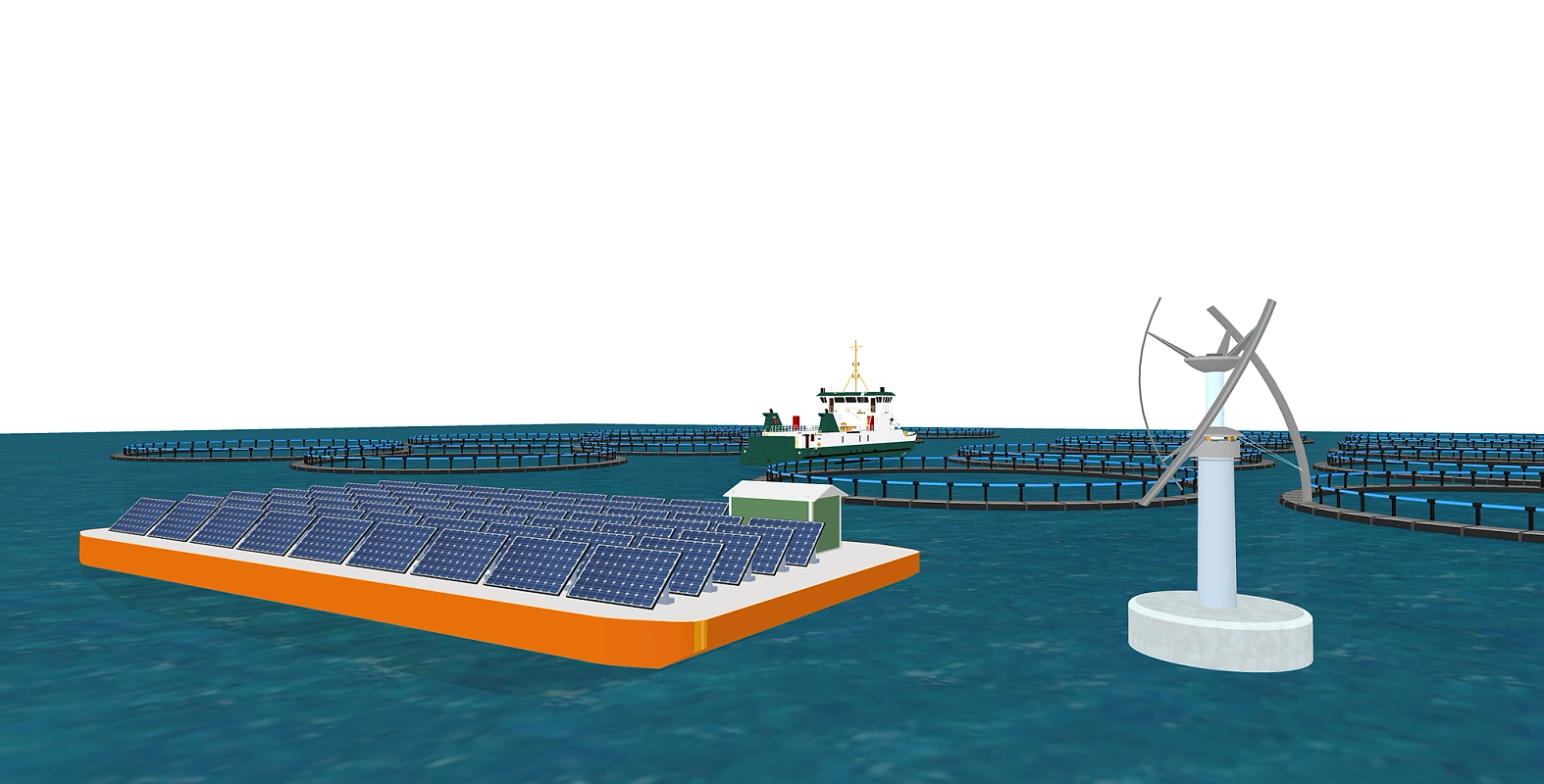 3D-tegning som viser oppdrettsanlegg, vindmølle og solcelleanlegg på havet.