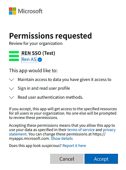 Skjermbilde av Permissions requested fra Microsoft