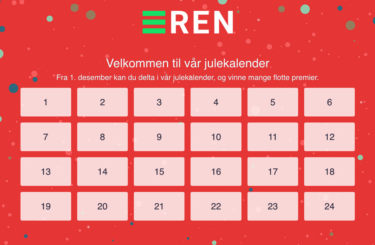 Skjermbilde av julekalender. REN-logo på toppen og 24 kalenderluker i matrise.