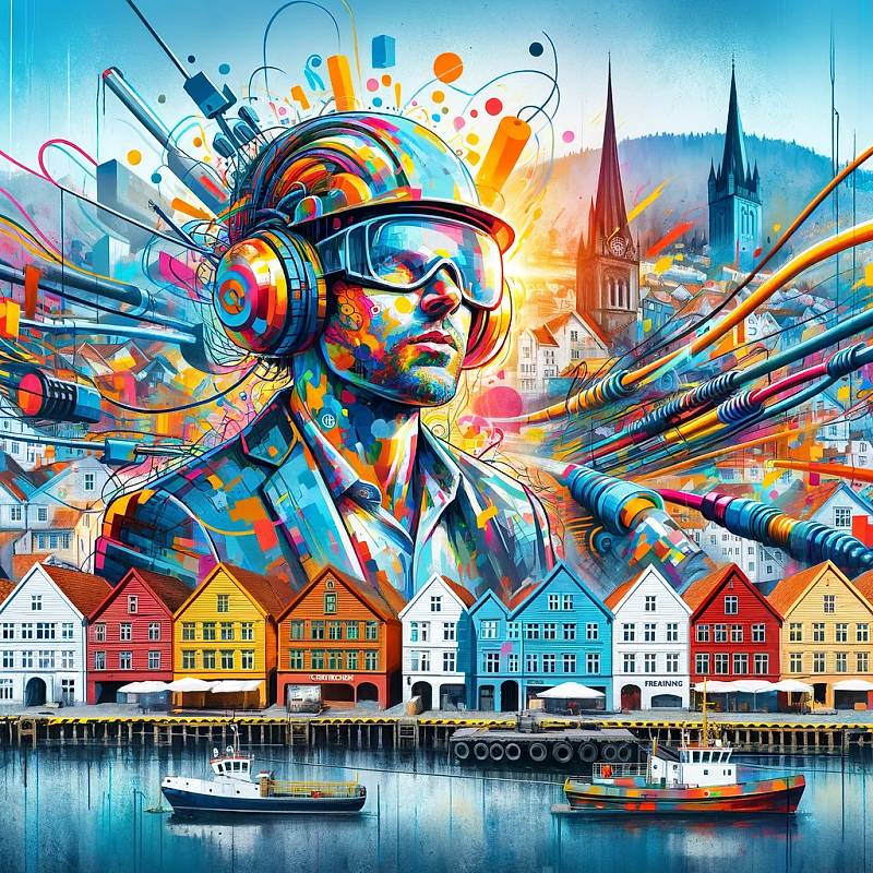 In a vibrant, graffiti-style artwork, an electrical power engineering professional is creatively depicted against the backdrop of Bergen