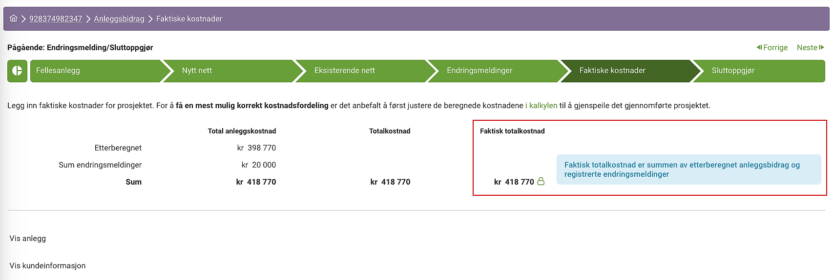 Skjermdump - Anleggsbidrag forutsetter nå bruk av endringermeldinger underveis i prosjektet