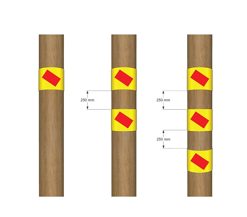 Illustrasjon viser tre stolper med skilt montert direkte med flaten mot stolpe eller mast