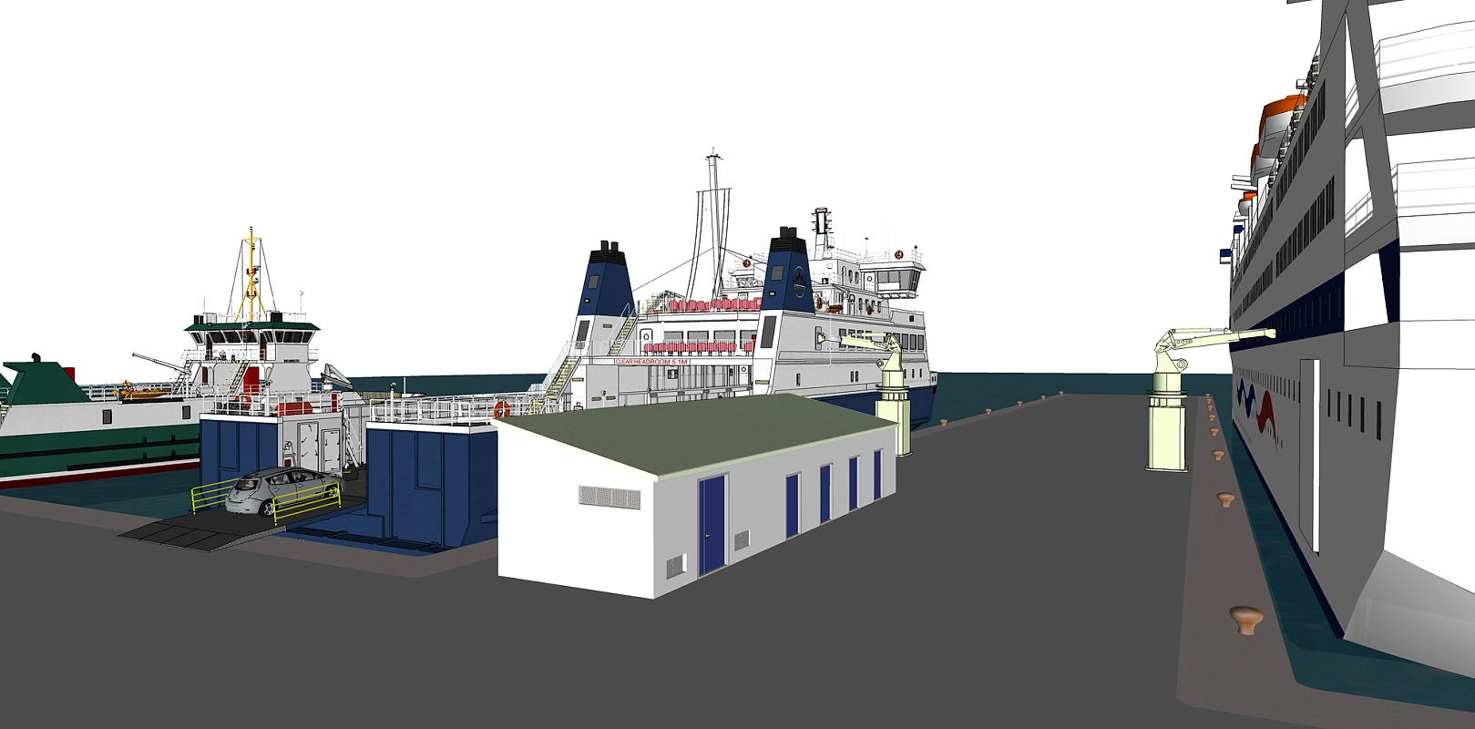 Bilde viser en 3D-tegning fra et havneområde som viser lading av større lastebåter og ferjer.